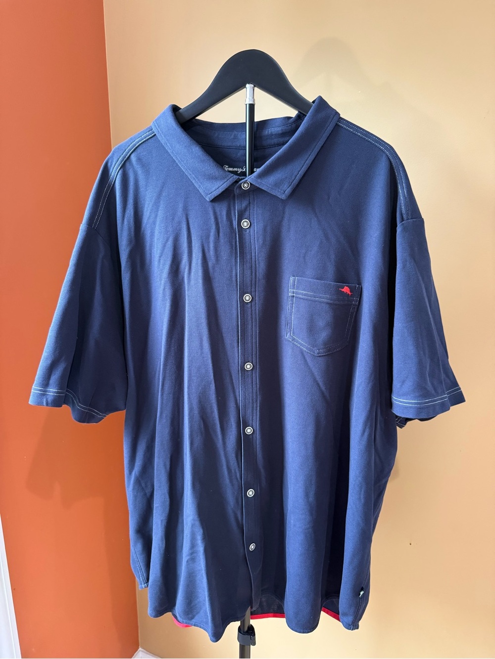 Tommy Bahama Navy Blue Short-Sleeve Button Polo with Red Chest Accent